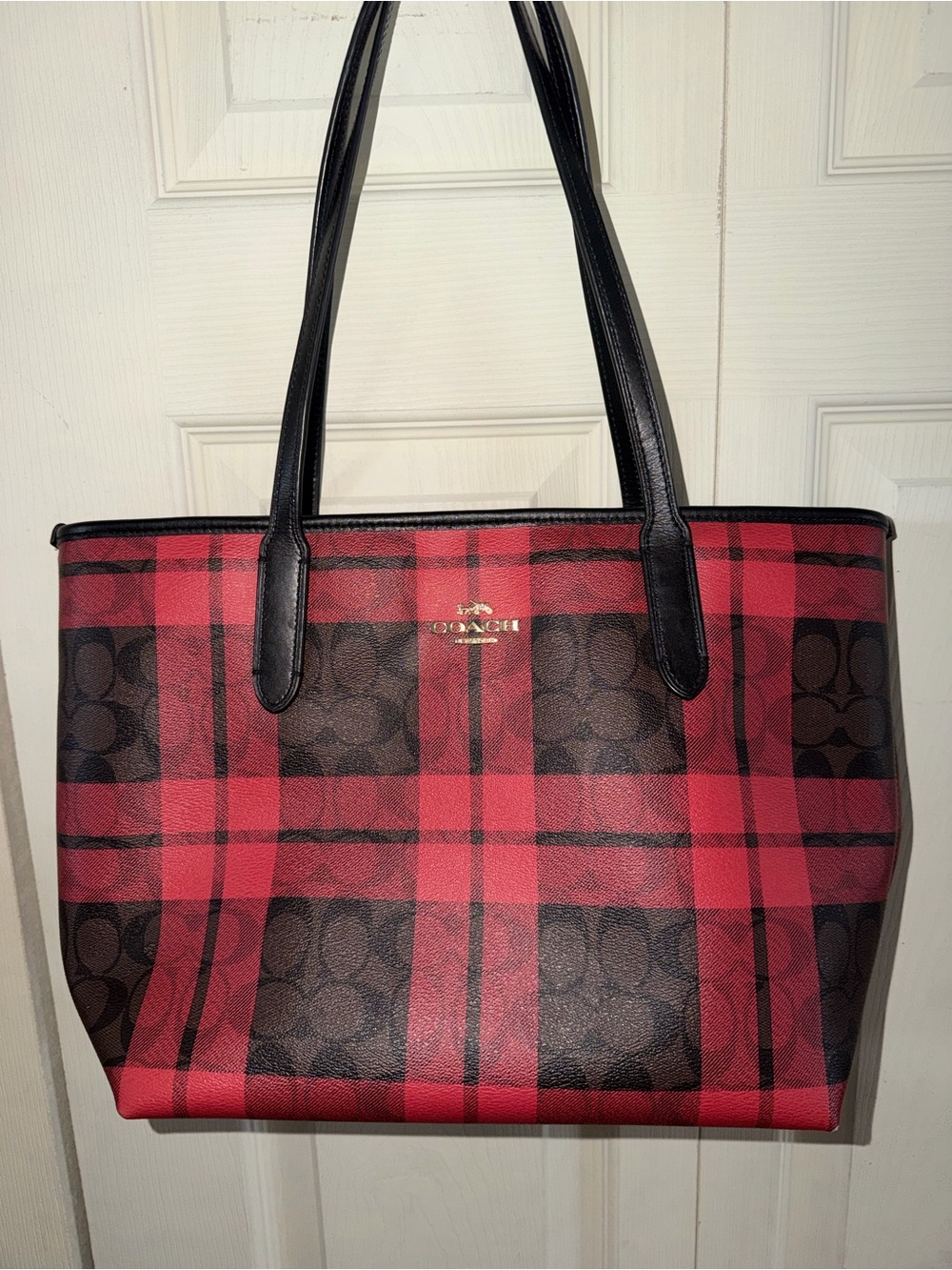 Coach Red and Brown Plaid Signature Tote Bag